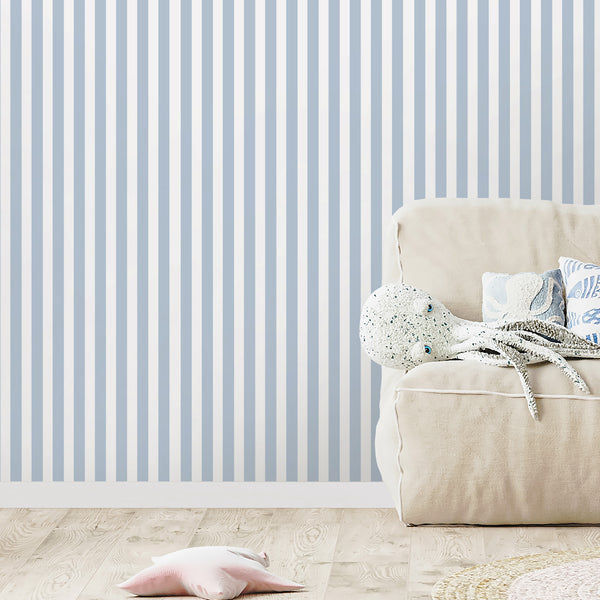 Light Blue Stripe wallpaper with narrow sky blue and white stripes, perfect for creating vertical rhythm in a nursery or home office. Easy to apply, eco-friendly material.
