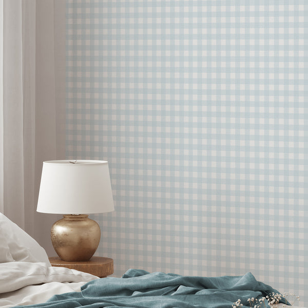 Light blue plaid wallpaper with crisp white blocks and fine woven-style lines, ideal for farmhouse, cottage, or nursery interiors.