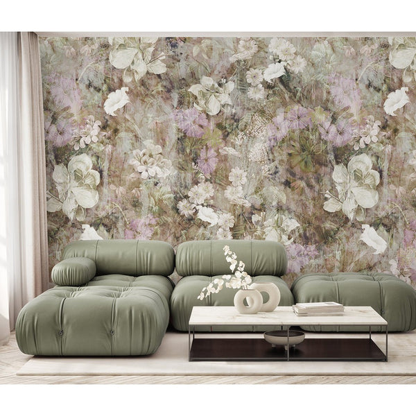 Beige Vintage Flowers Garden Wall Mural SM046 - CostaCover - Peel and stick Removable Wallpaper - abstract floral - accent wallpaper - adhesive wallpaper