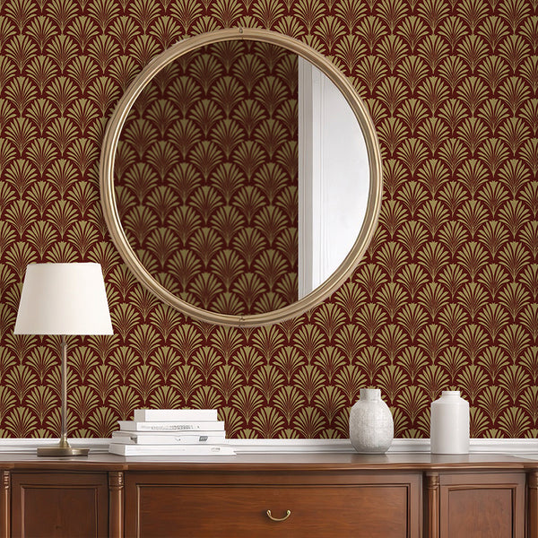 Burgundy Botanical Art Deco Wallpaper L019