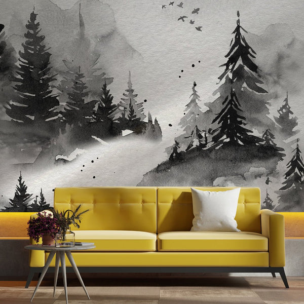 Black & White Woodland Wall Mural WM027 - CostaCover - Peel and stick Removable Wallpaper - adhesive wallpaper - bedroom interior - bedroom wallpaper