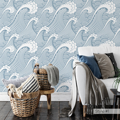 Japanese Waves Blue Ocean Self Adhesive Wallpaper W002