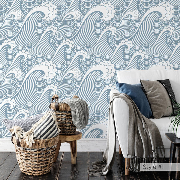 Blue Japanese Waves Wallpaper W002 - CostaCover - Peel and stick Removable Wallpaper - adhesive wallpaper - aqua blue - Aqua blue wallpaper