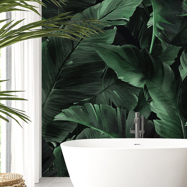 Dark Green Banana Leaves Wall Mural WM019 - CostaCover - Peel and stick Removable Wallpaper - banana leaves - Banana leaves wallpaper - bathroom wallpaper