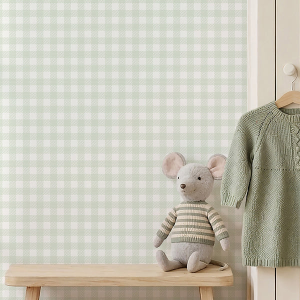 Green plaid wallpaper with alternating solid and striped checks, creating a soft preppy pattern for nurseries, bedrooms, and playrooms.