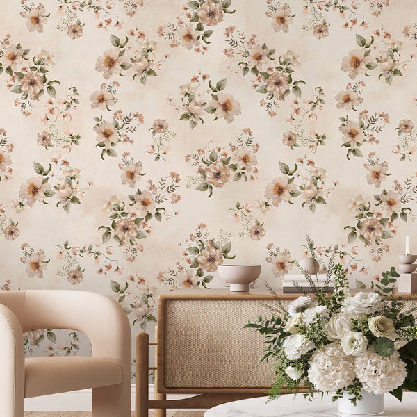 Beige Country Style Flowers Wallpaper S077 - CostaCover - Peel and stick Removable Wallpaper - abstract floral - abstract wallpaper - accent wallpaper