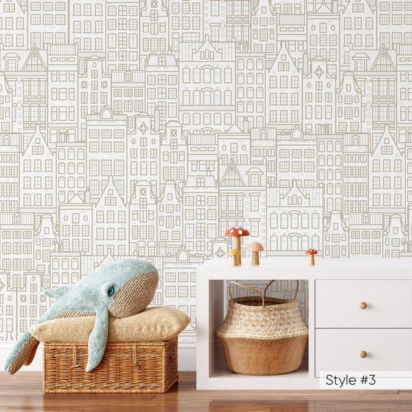 Blue Pink Beige City Houses Wallpaper CC311 - CostaCover - Peel and stick Removable Wallpaper - Abstract - Abstract Labyrinth Lines - abstract lines