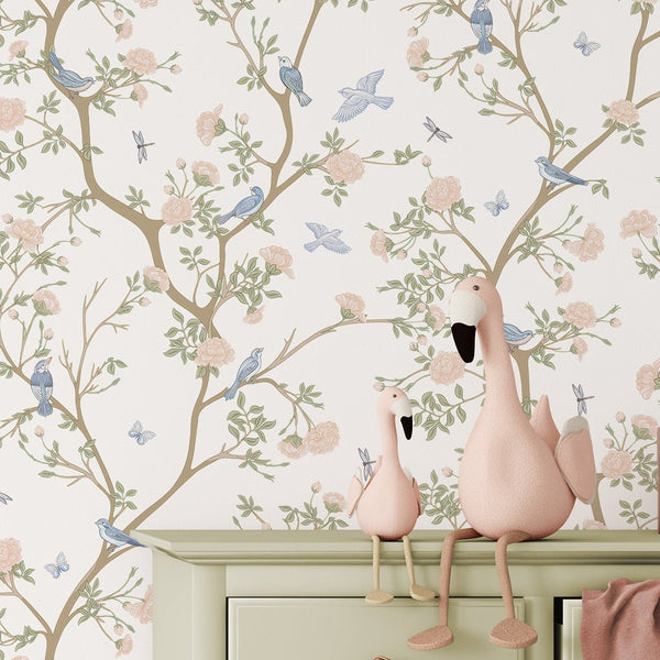 Pastel Blossom Trees & Birds Wallpaper W055 - CostaCover - Peel and stick Removable Wallpaper - accent wallpaper - adhesive wallpaper - Aqua blue wallpaper