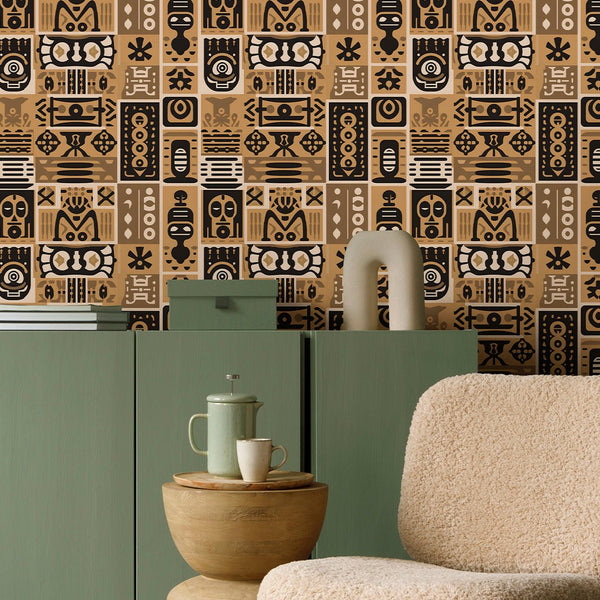 Beige Brown African Symbols Wallpaper W162 - CostaCover - Peel and stick Removable Wallpaper - abstract wallpaper - accent wallpaper - adhesive wallpaper