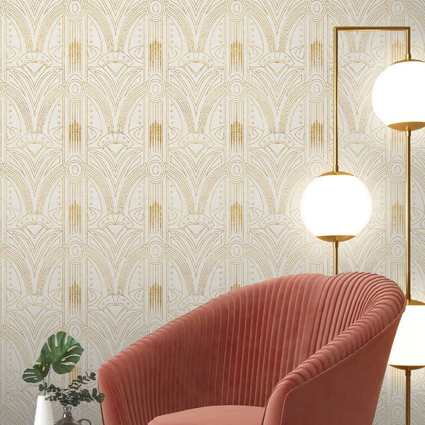White Gold Effect Art Deco Wallpaper CC321 - CostaCover - Peel and stick Removable Wallpaper - abstract lines - abstract wallpaper - accent wallpaper