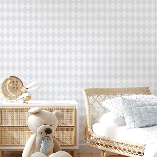 Pastel blue rhombus wallpaper with a gentle geometric pattern, ideal for modern interior design. The subtle fabric-like grain and eco-friendly materials make it a stylish and practical choice for nurseries or hallways. Its temporary, self-adhesive nature allows for easy repositioning.