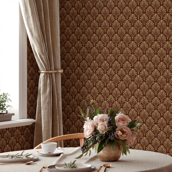 Burgundy Botanical Art Deco Wallpaper L019