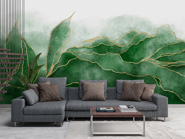 Green Gold Leaves Wall Mural CCM014 - CostaCover - Peel and stick Removable Wallpaper - Abstract - abstract lines - abstract wall art