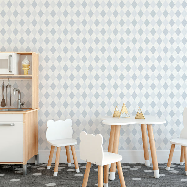 Light blue geometric wallpaper featuring a crisp rhombus lattice. Ideal for a modern kids bedroom accent wall. Self-adhesive and easy to reposition, made in the USA with high-quality materials.