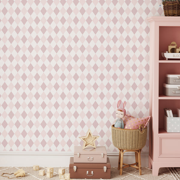 Blush pink geometric wallpaper featuring a crisp rhombus lattice. Perfect for a cheerful playroom accent wall. Self-adhesive and easy to reposition, ideal for renters and decorators.
