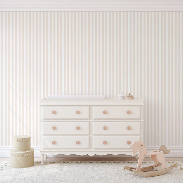 Elegant beige and off-white vertical stripes wallpaper adds height and order to hallways or bedrooms. The high-quality removable material is easy to apply and reposition, making it a smart choice for renters and interior designers.