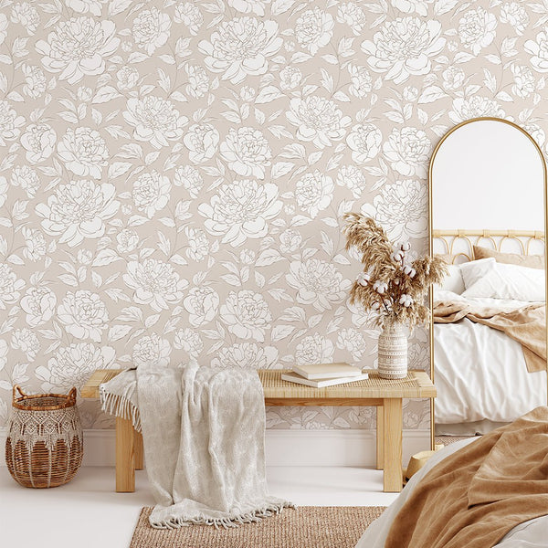 Beige Peony Flowers Wallpaper CC298 - CostaCover - Peel and stick Removable Wallpaper - abstract floral - abstract wallpaper - accent wallpaper