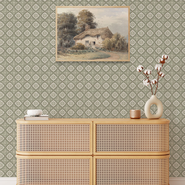 Sage Green Damask Medallion Wallpaper L084