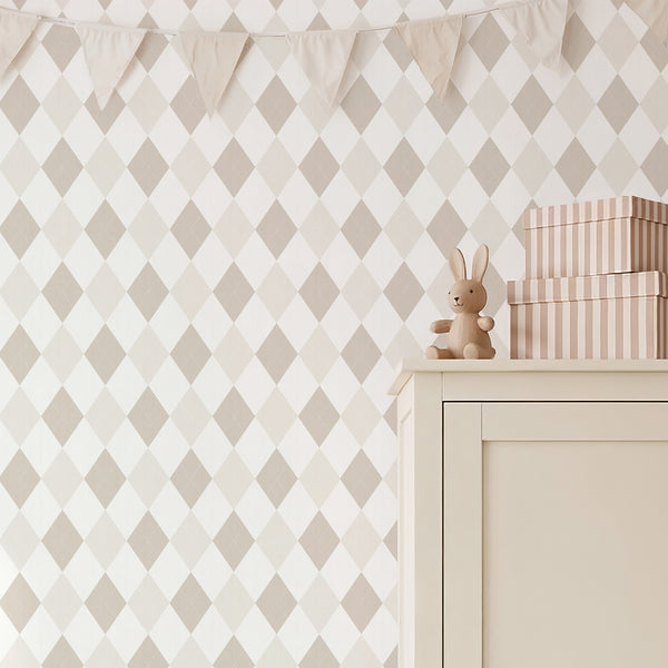 Two Color Beige Rhombus Wallpaper with a diamond lattice pattern in warm beige tones and off-white highlights. Ideal for creating subtle geometric texture in nurseries or bedrooms. Removable peel and stick, perfect for temporary decor. Made in the USA with eco-friendly materials.