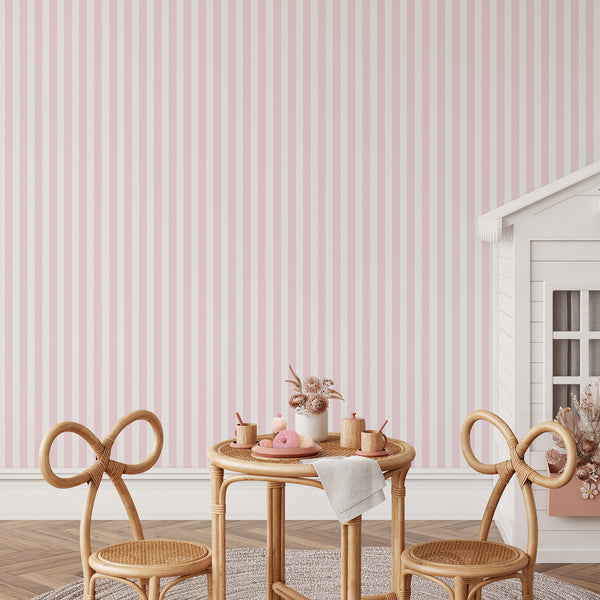 Soft pink and white vertical stripe wallpaper for a girls’ bedroom, nursery, or kids playroom.