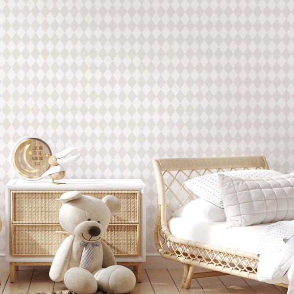 Pastel Beige Rhombus wallpaper with a diamond lattice pattern in muted beige and off-white, offering a refined and airy look. This neutral geometric wallpaper is perfect for adding a calm rhythm to modern classic or minimalist interiors in bedrooms, hallways, or home offices. It features eco-friendly, removable peel and stick options for easy application.