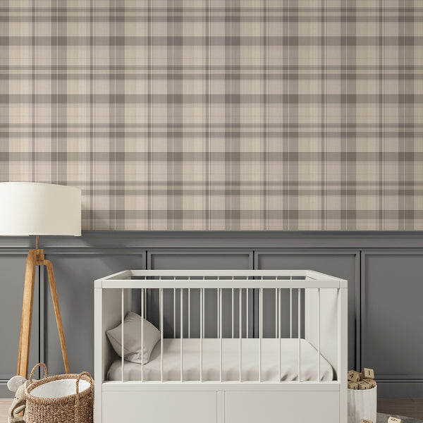 Subtle plaid texture with intersecting blown bands, suitable for modern farmhouse decor. This traditional unpasted wallpaper offers a cozy, neutral theme with eco-friendly materials.