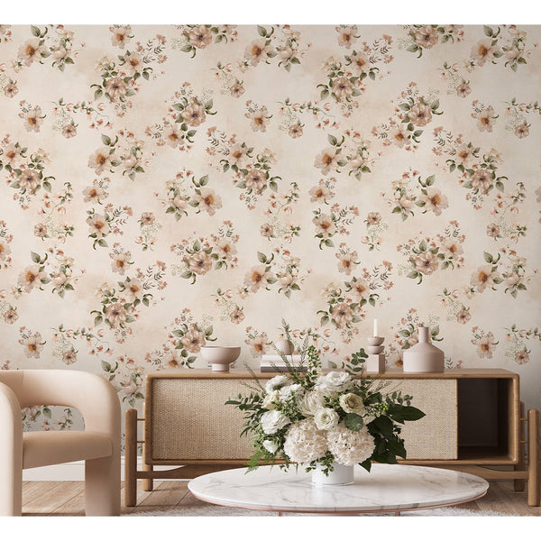 Beige Country Style Flowers Wallpaper S077 - CostaCover - Peel and stick Removable Wallpaper - abstract floral - abstract wallpaper - accent wallpaper