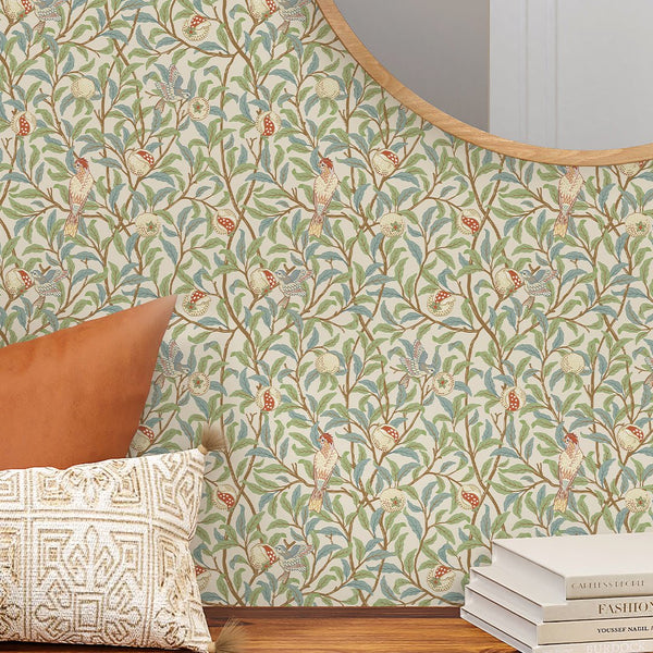 Green Bird & Pomegranate by Morris Wallpaper W084 - CostaCover - Peel and stick Removable Wallpaper - abstract floral - abstract wall art - abstract wallpaper