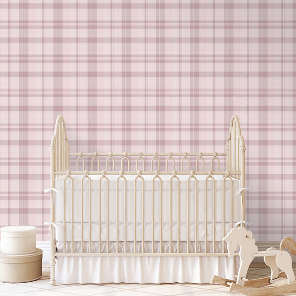 Pink plaid wallpaper with a woven-look texture, creating a cozy and welcoming atmosphere for bedrooms and nurseries.