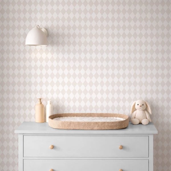 Pastel Beige Rhombus wallpaper with a diamond pattern in muted beige and white. Perfect for nursery and kids room