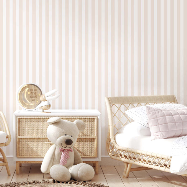 Beige vertical stripes wallpaper featuring alternating soft beige and off-white bands, ideal for accentuating height in nurseries or bedrooms. This removable peel and stick wallpaper offers a clean, tailored look with a subtle flat sheen and eco-friendly materials.