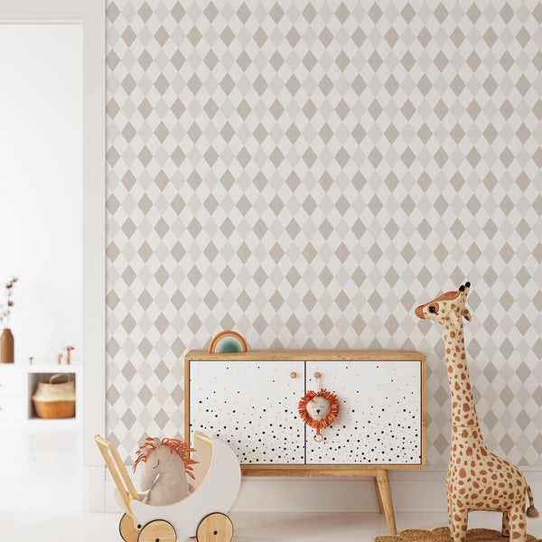 Smooth printed wallpaper with a precise diamond grid in beige. The small-scale pattern fits for children's room or nurseries. High-quality removable material, eco-friendly and made in the USA.