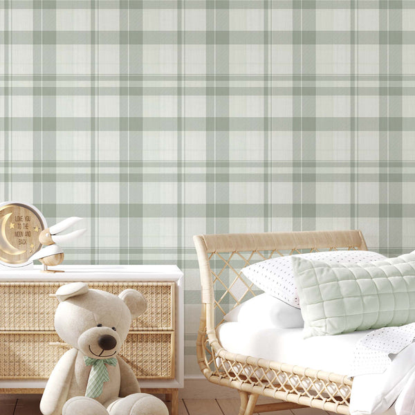 Classic Green Plaid Farmhouse wallpaper with intersecting sage and off-white bands creating a cozy, gingham look. Made in the USA, this wallpaper is suitable for farmhouse-style kitchens and bedrooms.