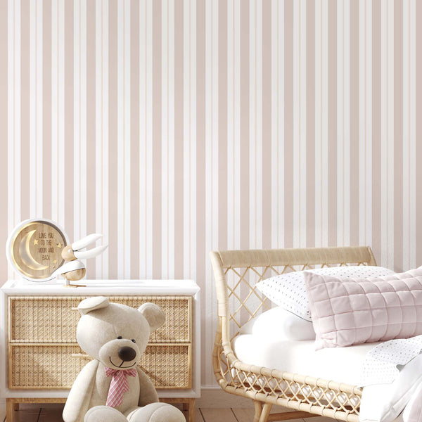 Pastel Beige Peach Stripe wallpaper featuring soft peach, warm cream, and light beige bands. This chalky, low-contrast design elongates walls and is ideal for nurseries or powder rooms. Made from eco-friendly materials, this removable wallpaper is perfect for renters seeking cozy, classic home decor.