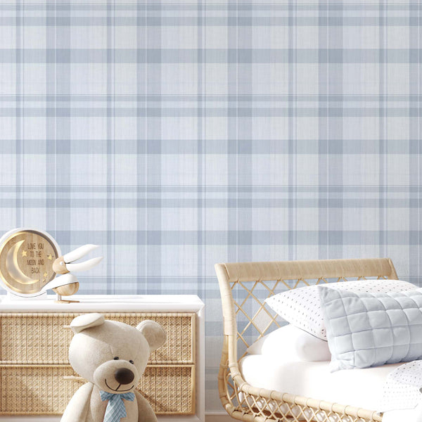Traditional unpasted wallpaper with a medium-scale blue plaid pattern, suitable for farmhouse-style decor in nurseries or hallways. Ideal for renters and decorators.
