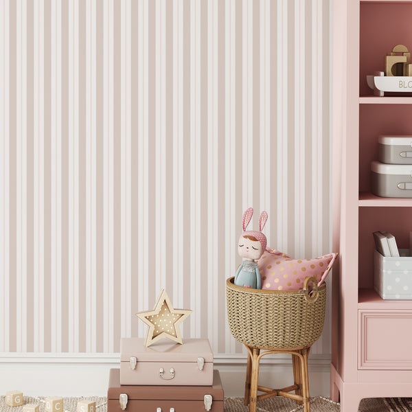 Elegant vertical stripe wallpaper in pastel beige and cream tones. The neat band pattern creates a cozy atmosphere, suitable for hallways or children's bedrooms. This temporary, self-adhesive wallpaper is easy to apply and reposition, offering a stylish option for modern decorators.