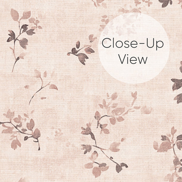 Organic floral vine pattern on blush wallpaper, offering a gentle backdrop for a French country bedroom.