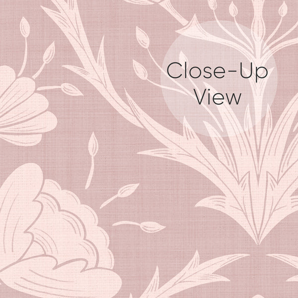 Eco-friendly blush floral wallpaper with linen-like texture, perfect for soft, timeless living room decor.
