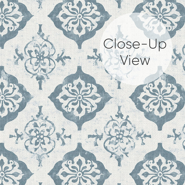Blue medallion wallpaper with decorative motifs on a linen-textured ground, ideal for adding charm and structure to traditional living rooms or bedrooms. The removable design is eco-friendly, perfect for renters seeking a vintage, classic pattern.