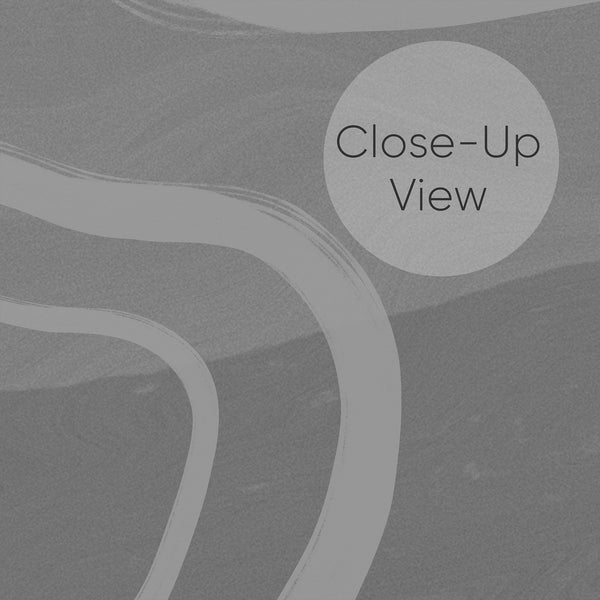 Close up of neutral gray abstract wallpaper featuring bold white curved lines and subtle tonal layers for a minimalist modern bedroom or living room.