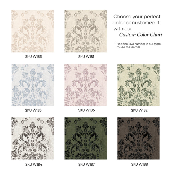 High-quality removable wallpaper with aged damask details, perfect for a statement wall in a traditional setting.