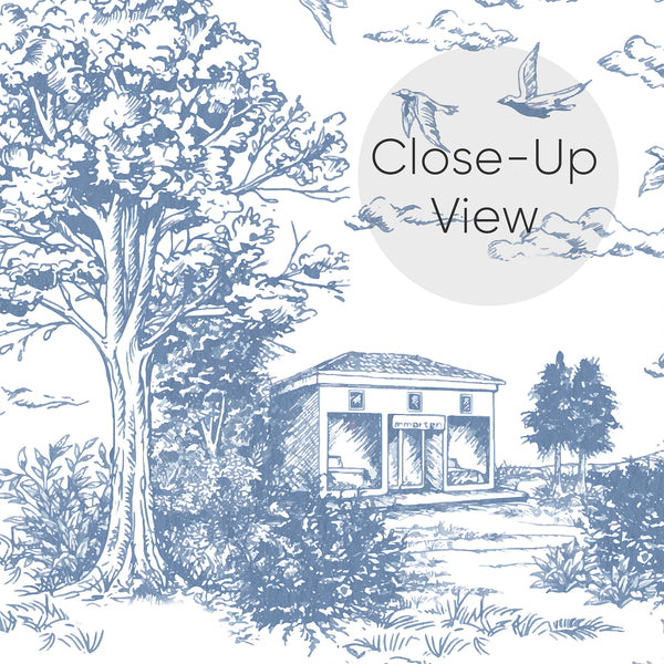 French Toile Safari wallpaper with detailed vignettes of trees and wildlife on a crisp white ground, ideal for adding a classic touch to dining rooms or living rooms. This removable design is perfect for renters seeking a traditional, scenic pattern.