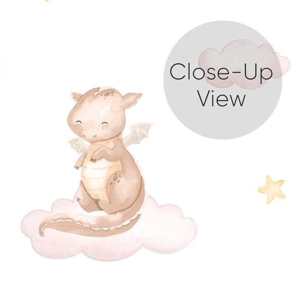 Close up of pastel kids wallpaper with a cute beige dragon, dreamy blush pink clouds and golden stars in a soft watercolor style for a magical nursery.