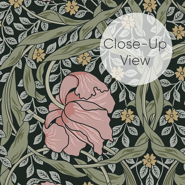 William Morris style wallpaper with pink and green motifs on charcoal, perfect for dramatic dining rooms.