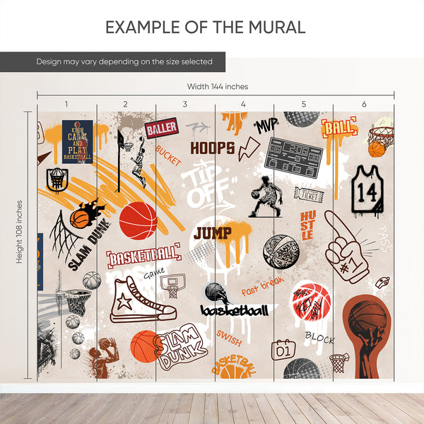 Urban basketball graffiti wallpaper with illustrated elements and energetic brush strokes, perfect for a game room or home gym. The removable wall mural features orange and black tones with warm ochre accents, creating a dynamic and stylish wall design with its graffiti-style composition.