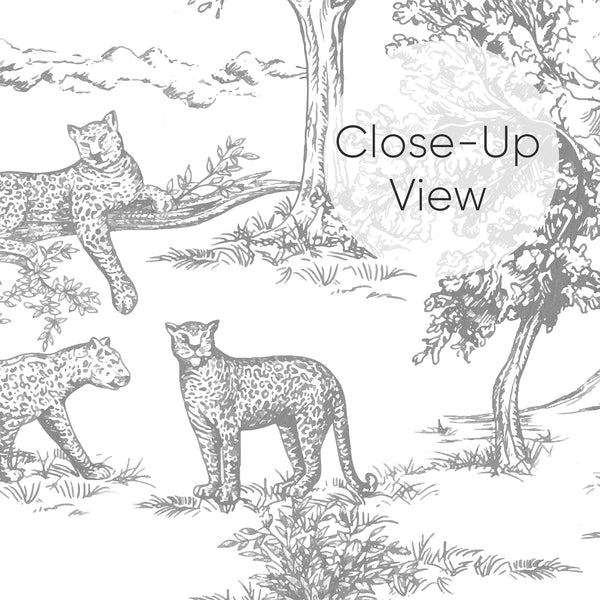 Gray French toile safari wallpaper showcasing detailed scenes with trees, big cats, and birds, perfect for adding a sophisticated touch to traditional or refined interiors. The removable wallpaper's delicate line work provides a timeless backdrop in bedrooms or dining rooms.