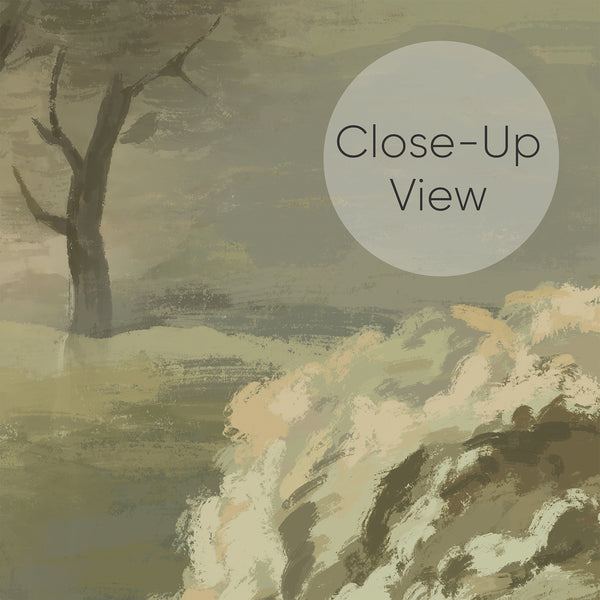 Close up of Moody olive green landscape wallpaper with vintage painted trees and distant mountains, designed for a sophisticated bedroom or living room wall.