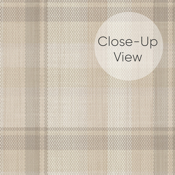 Close up of beige checkered wallpaper showcasing a timeless tartan pattern with subtle woven texture and soft neutral tones, perfect for a cottage style bedroom.