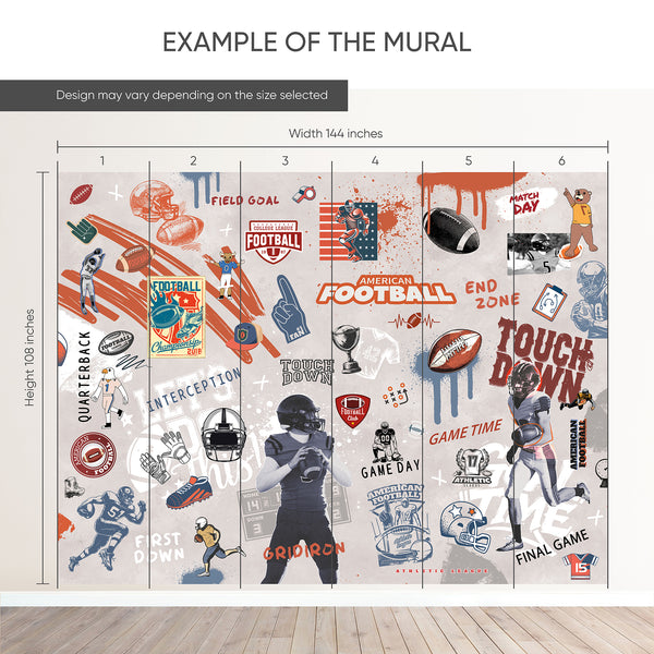 Urban football graffiti wallpaper with illustrated elements and energetic brush strokes, perfect for a game room or teen bedroom. The removable wall mural features rust orange and navy blue tones with bold text and halftone textures, creating a dynamic and stylish wall design with its graffiti-style composition.