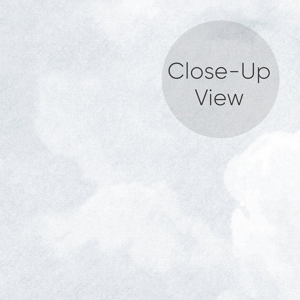 Close up of soft light blue sky wallpaper featuring fluffy white clouds and subtle watercolor details, creating a dreamy atmosphere for nursery and bedroom decor.